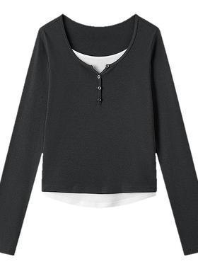 森马打底衫女修身显瘦内搭弧形下摆拼接假两件上衣秋季可外穿气质