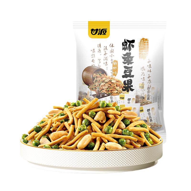 甘源虾条豆果三合一鲜虾味烤肉味500g花生豌豆休闲零食解馋下酒菜