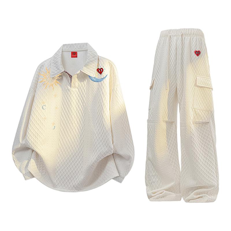 查尔斯桃心 日月印花套装男春秋季翻领提花肌理长袖卫衣休闲长裤