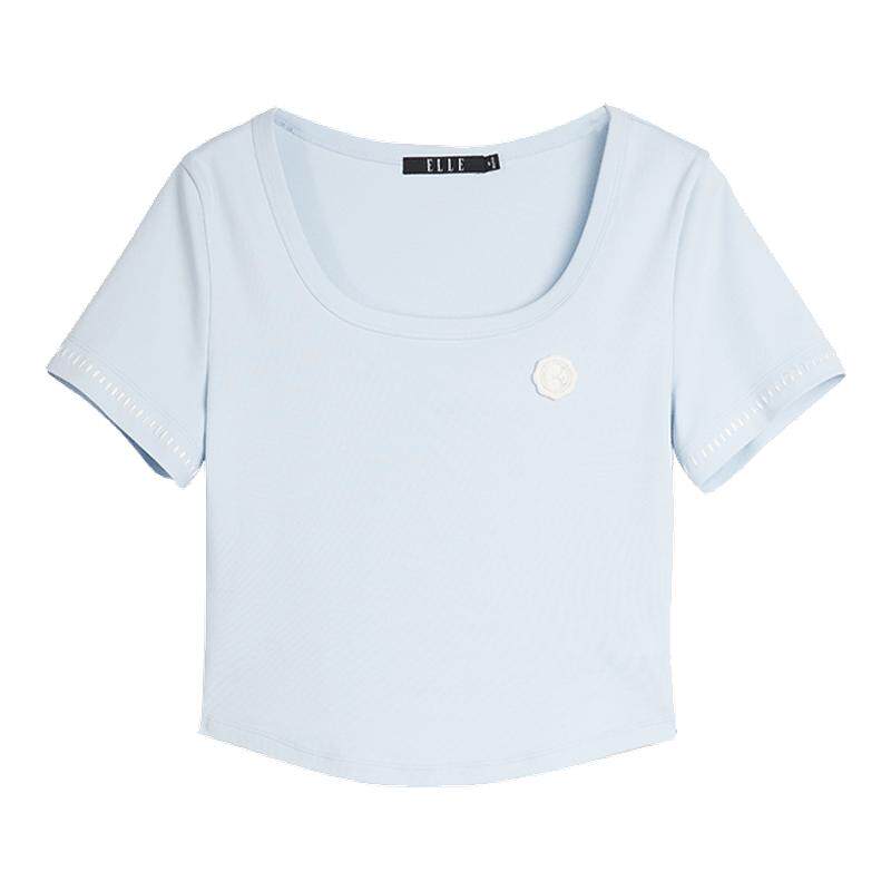 ELLE法式方领正肩短袖女2025夏季新款设计感修身纯棉小众T恤