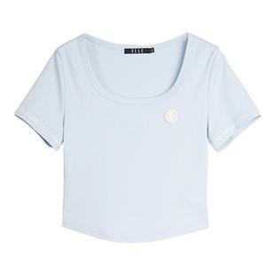 设计感修身 ELLE法式 新款 女2025夏季 纯棉小众T恤上衣 方领正肩短袖