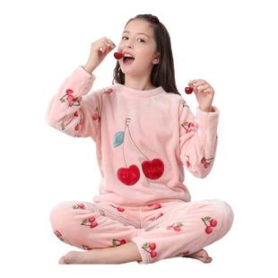 顶瓜瓜儿童睡衣女童秋冬季 法兰绒加厚女孩大童珊瑚绒家居服套装