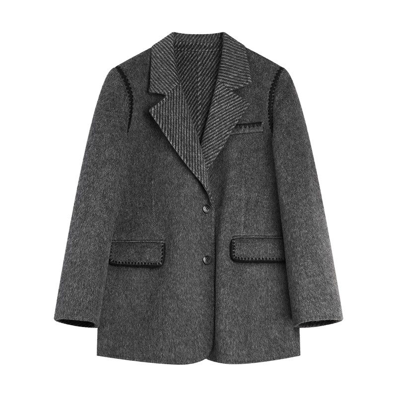 ELLE绵羊毛骆驼绒廓形毛呢西装外套女2025冬季新款高级感宽松西服