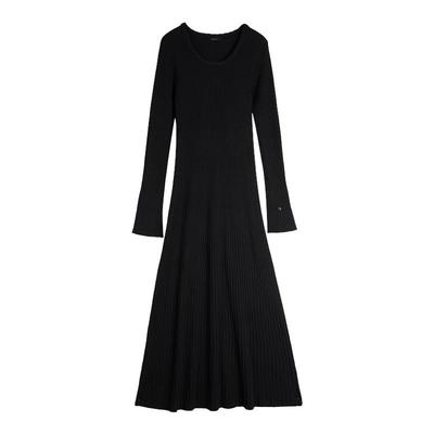 黑色绵羊毛长款针织连衣裙ELLE