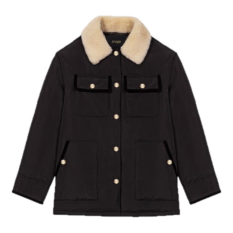 法式黑色棉服外套 时尚撞色毛领设计