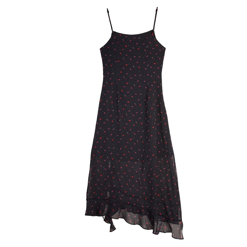 ELLE荷叶边雪纺碎花吊带连衣裙女2025秋新款垂感收腰显瘦a字