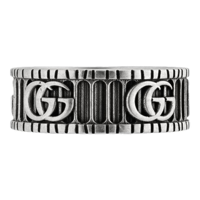 【自营】Gucci/古驰GGMarmont系列S925银双G图案宽版条纹戒指配饰