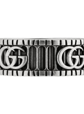 【自营】Gucci/古驰GGMarmont系列S925银双G图案宽版条纹戒指配饰