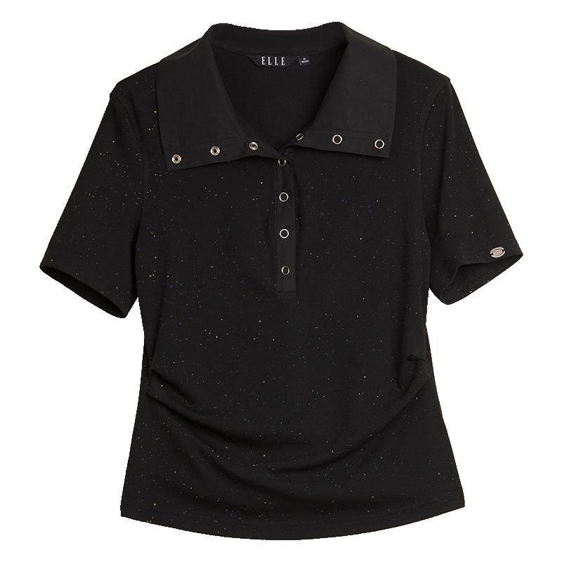 ELLE黑色彩点收腰短袖女2025夏季新款设计感时髦翻领小众上衣