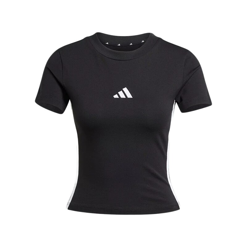 adidas阿迪达斯短款修身运动休闲圆领上衣三条纹女短袖T恤 J