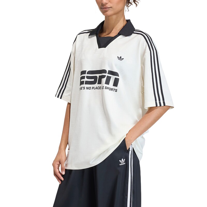 adidas阿迪达斯三叶草足球风大号半袖夏女V领提花短袖T恤  