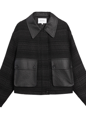 ELLE法式绵羊毛拼接短外套女2025冬季新款设计感翻领通勤休闲上衣