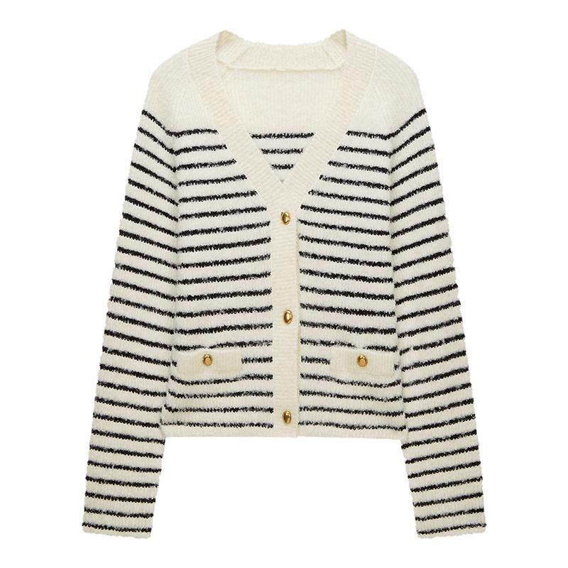 【季末折扣】欧时力小香风圈圈纱条纹针织外套V领开衫2025秋冬新