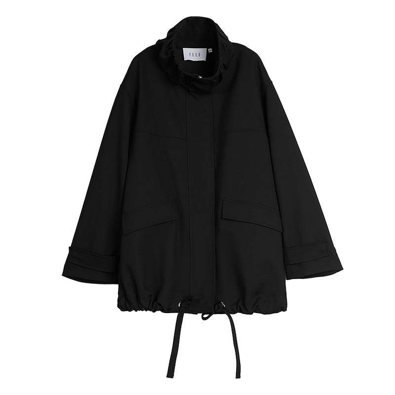 【商场同款】ELLE黑色抽褶立领宽松外套女2025秋季新款设计感
