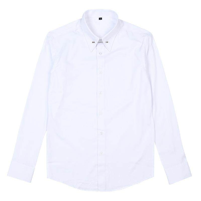 CULTUM带领针免烫长袖白色衬衫男商务绅士大尖领韩版修身潮流衬衣