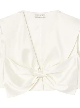 SANDRO春夏女装法式时尚优雅白色气质V领光泽蝴蝶结短款马甲上衣