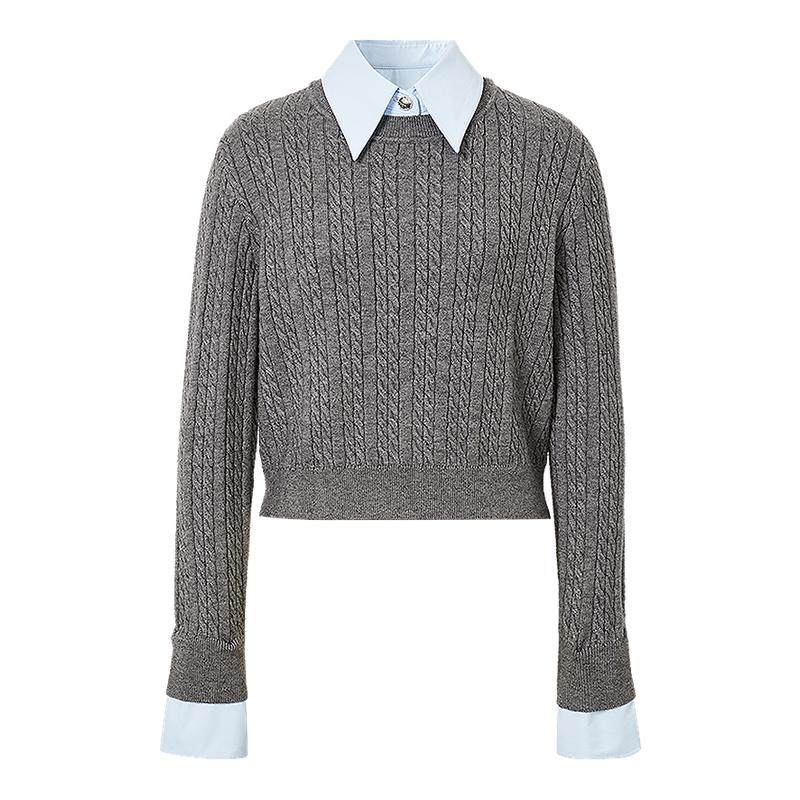 红袖冬季新款女装学院风绞花拼接衬衫领套头针织