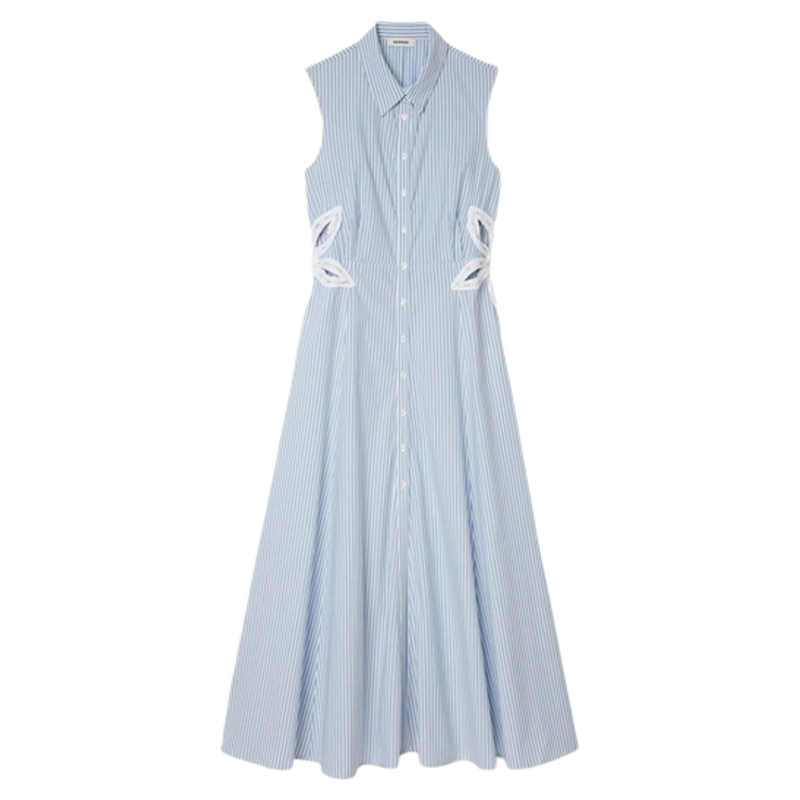 SANDRO2025春夏女装法式优雅棉混纺蓝色条纹镂空仿钻花朵连衣裙,女装/女士精品,连衣裙,淘宝优惠券,粉丝福利购,淘宝优惠卷