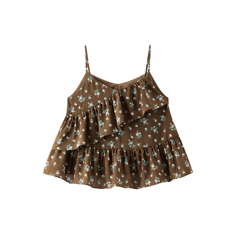 森馬荷葉邊滿印吊帶短款襯衫女