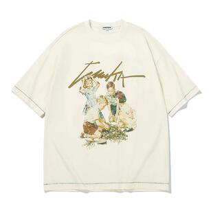 GUUKA潮牌白色重磅纯棉短袖T恤男款夏季美式人像插画印花落肩半袖