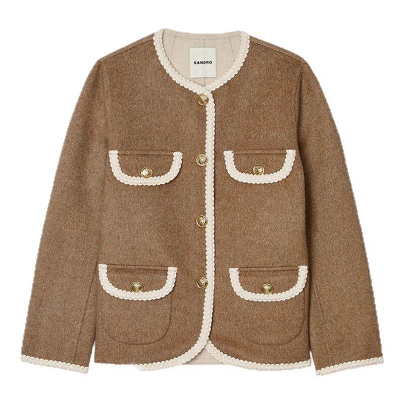 季末6折SANDRO博主同款2025秋冬新款女装都市游牧绵羊毛斜纹外套,女装/女士精品,短外套,淘宝优惠券,粉丝福利购,淘宝优惠卷