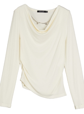 ELLE白色设计感绵羊毛长袖内搭T恤女2025冬季修身显瘦打底衫上衣