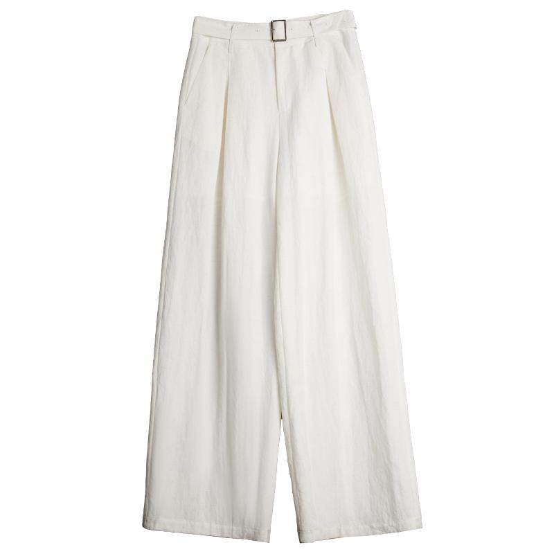 ELLE白色高腰宽松亚麻休闲裤女2025夏季新款小个子通勤小众阔