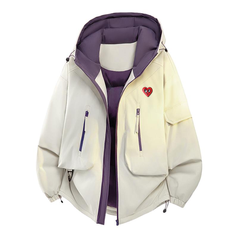 查尔斯桃心 美式撞色棉服男2025年冬季连帽加厚保暖工装棉衣外套