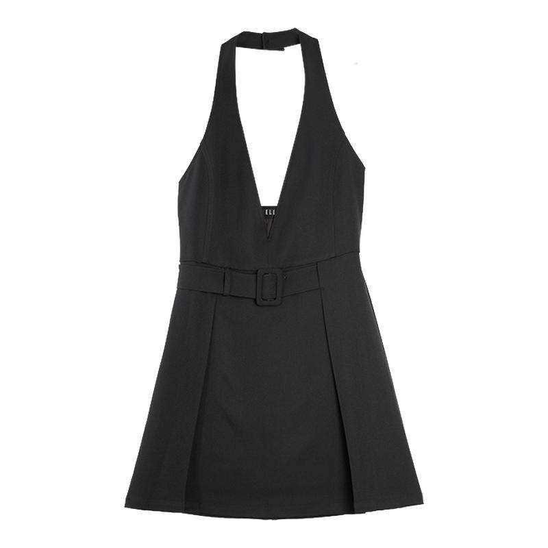 ELLE法式挂脖V领收腰连衣裙女2025秋季新款设计感气质a字西