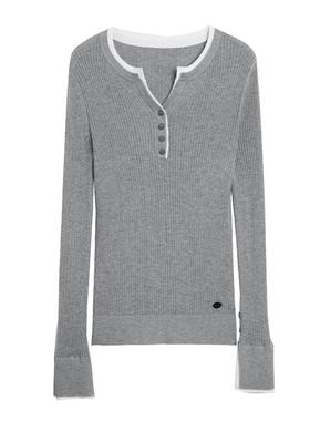 ELLE法式假两件拼接修身针织衫女2025冬新款绵羊毛撞色设计感毛衣