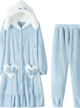 法兰绒睡袍女士秋冬季加厚加绒冬天长款浴袍珊瑚绒睡衣家居服套装