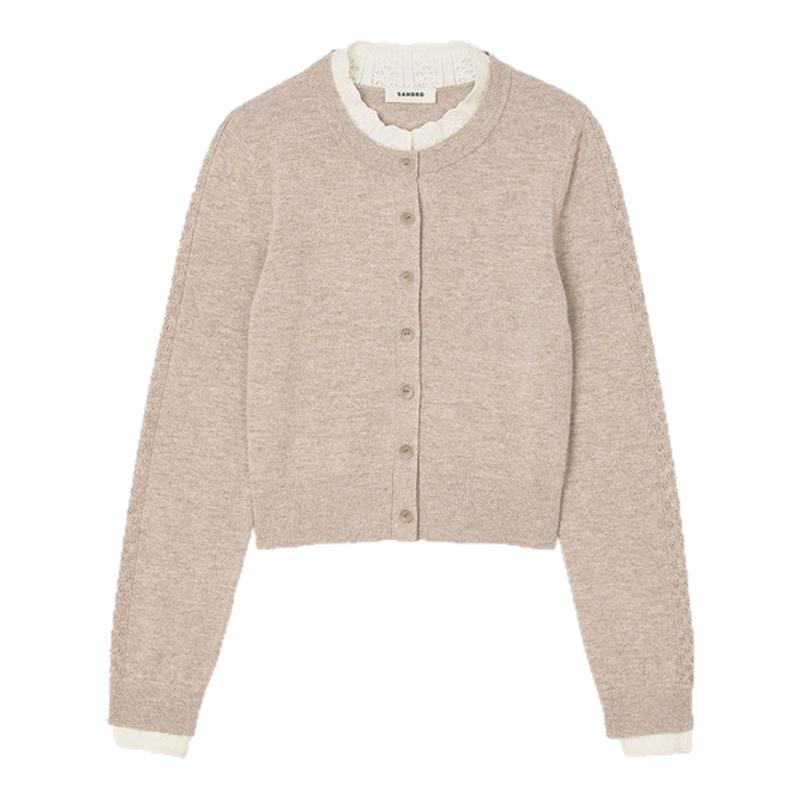 SANDRO2025秋冬新款女装法式简约甜美花边领撞色圆领针织开衫