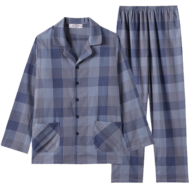 美标长袖纯棉睡衣男新款春夏双层棉纱格子休闲全棉家居服套装