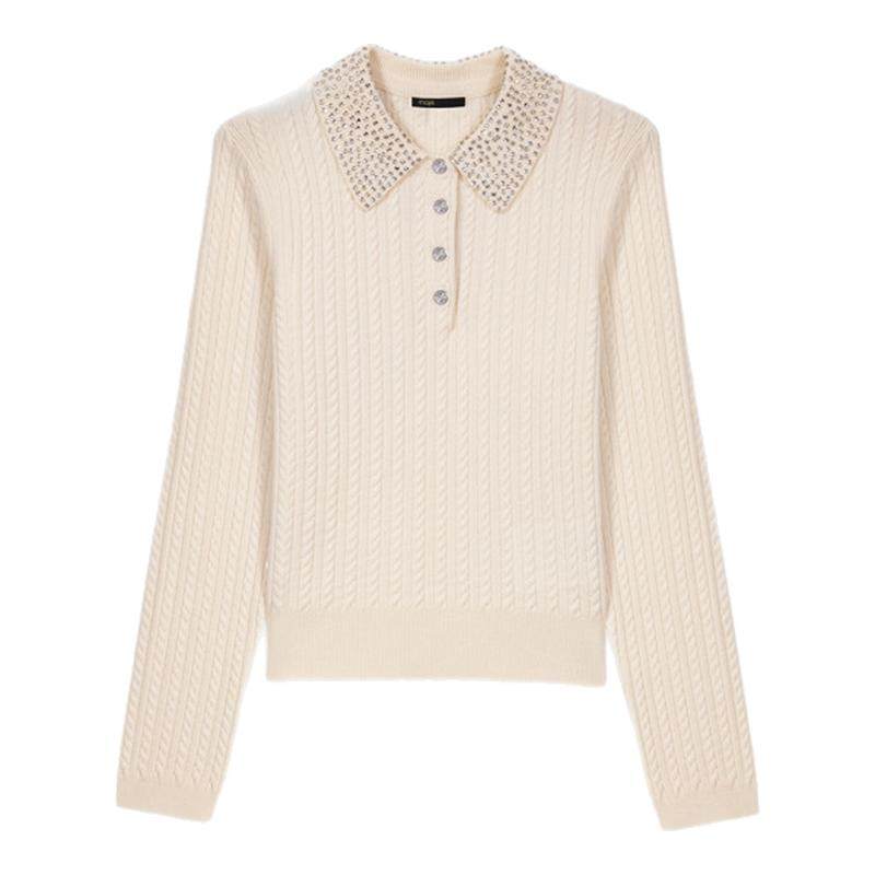 季末7折Maje2025秋冬新款女装法式羊毛混纺仿钻装饰polo领针织衫,女装/女士精品,毛针织衫,淘宝优惠券,粉丝福利购,淘宝优惠卷