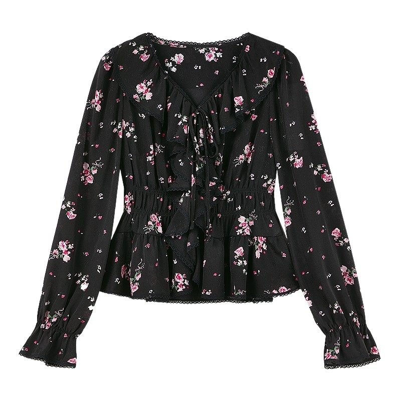 秋水伊人优雅百搭荷叶v领雪纺衫2026年春季新款时尚蔷薇印花上衣,女装/女士精品,蕾丝衫/雪纺衫,淘宝优惠券,粉丝福利购,淘宝优惠卷
