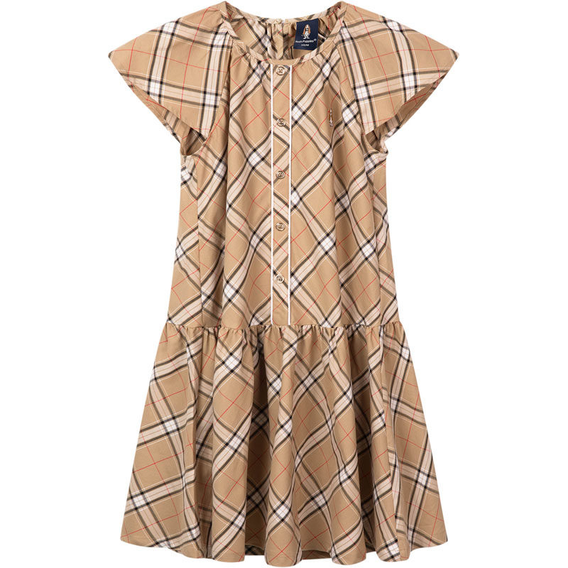 暇步士童装女童连衣裙26夏新款大童圆领格纹裙子儿童优雅风公主裙