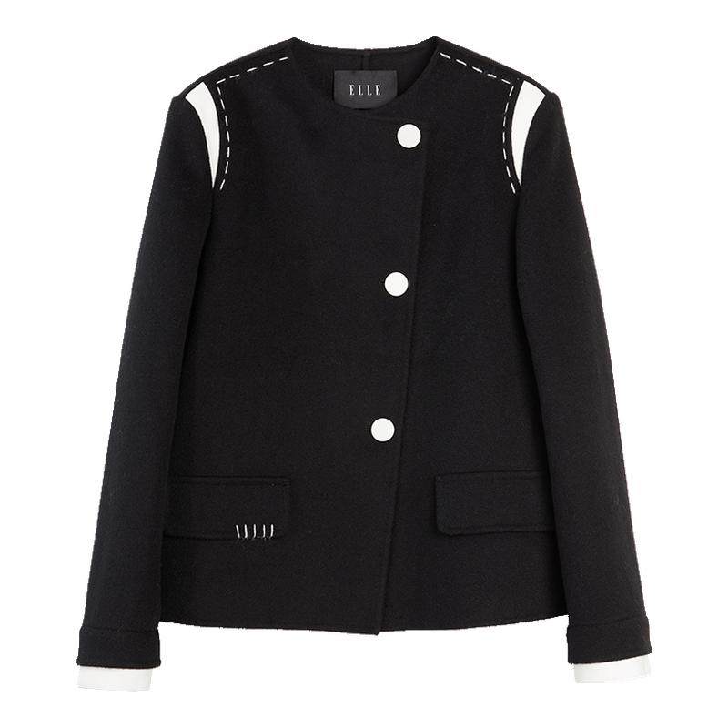 【型格序曲】ELLE法式绵羊毛双面呢大衣女25冬新款拼接毛呢短外套,女装/女士精品,毛呢外套,淘宝优惠券,粉丝福利购,淘宝优惠卷