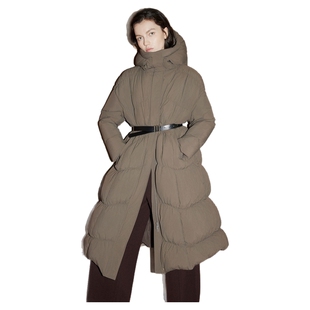 【商场同款】ELLE90白鸭绒咖色连帽长款羽绒服女2025冬季新款保暖