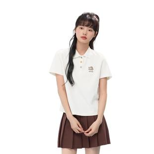紫涵polo领短袖 学院风猫咪刺绣白色休闲上衣 T恤女2025年夏季 新款