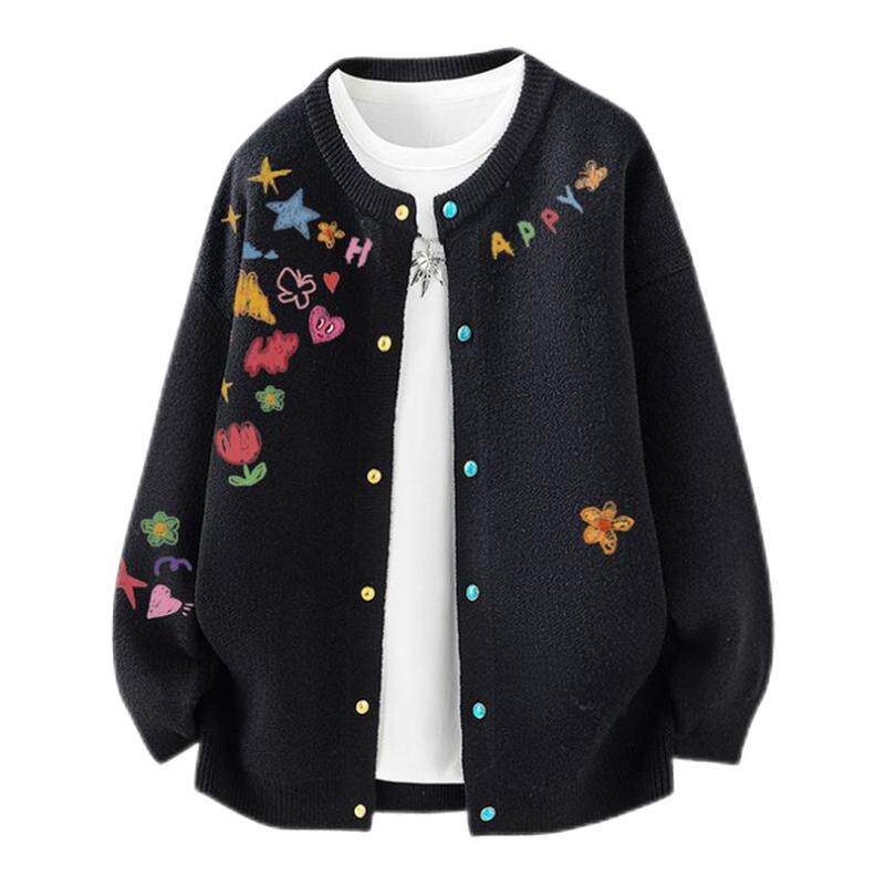 查尔斯桃心花卉印花针织开衫外套男女冬季新款休闲宽松圆领毛衣潮