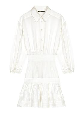 Maje春夏女装法式气质白色衬衫领蕾丝边刺绣镂空收腰长袖连衣裙