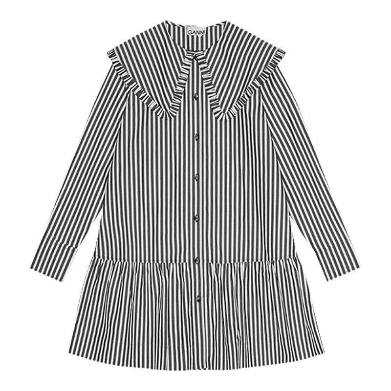 【甄选折扣】GANNI女装 黑白条纹娃娃领长袖衬衫连衣裙 W0098099