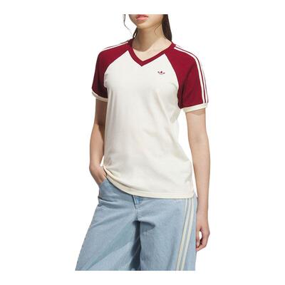 adidas阿迪达斯三叶草复古V领半截袖夏女三条纹短袖T恤KE6163