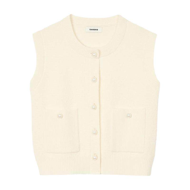 SANDRO2025春夏女装法式优雅绵羊毛白色仿珍珠扣饰短款针织开衫,女装/女士精品,毛针织衫,淘宝优惠券,粉丝福利购,淘宝优惠卷
