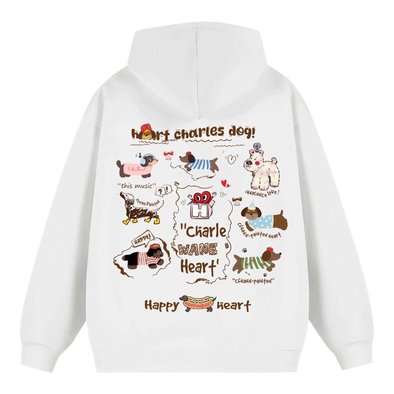 查尔斯桃心美式小狗印花连帽卫衣