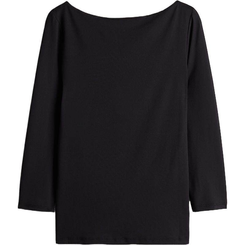 HM女装T恤春季修身弹力舒适休闲七分袖一字肩上衣1251855