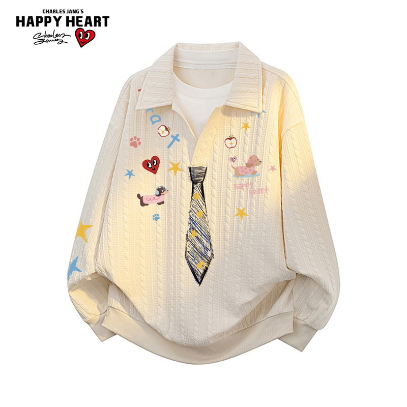 查尔斯桃心加绒涂鸦领带假两件衬衫领卫衣男女秋冬季情侣休闲衣服
