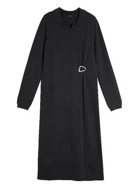 ELLE翻领深灰色摩登连衣裙女2025冬季新款法式修身显瘦气质长裙