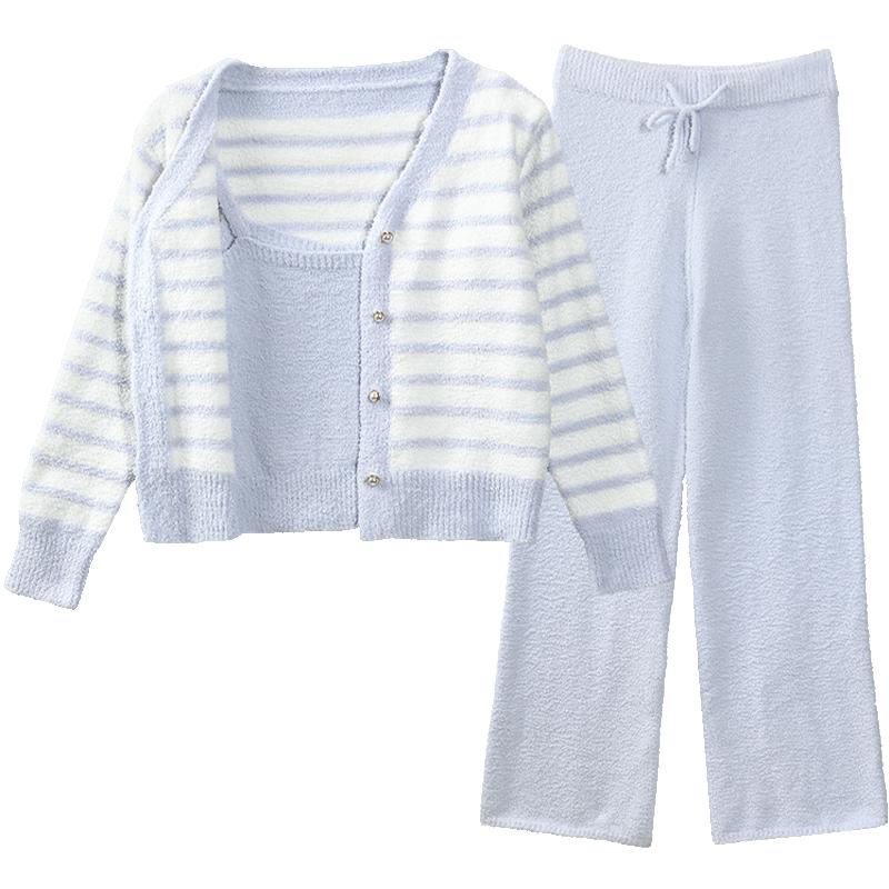 畹町条纹半边绒家居服三件套