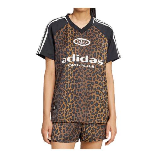 adidas阿迪达斯三叶草休闲豹纹印花运动短袖V领T恤夏女上衣KA2671